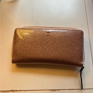 Kate Spade Rose Gold Glitter Zip Around Wallet with Coin Pouch